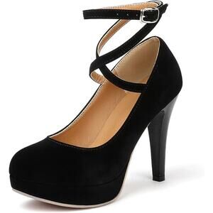 Mostrin Womens Size 10 Black Velvet Closed Toe Ankle Strap 4.5" Heel Pumps Shoes